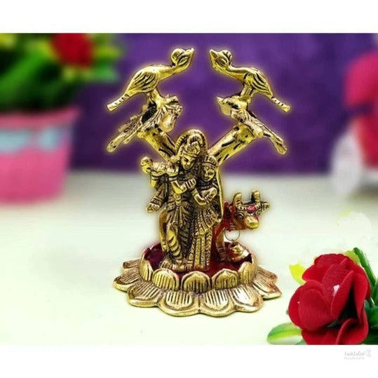Radha krishna with cow statue idol | kanhaiya ji murti | home figurine krishna janamasthmi 13cm metal, gold handmade