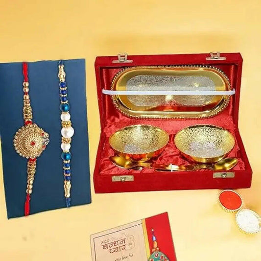 Fashtales Handicrafts Rakhi Gift Brother | Rakhi for Brother with Gift Silver Gold Plated Bowl Set | Handmade Beads Metal Peacock Rakhi for Bro/Brother/Bhaiya/Bhai (2 Rakhi with Double Bowl) (Silver Gold)