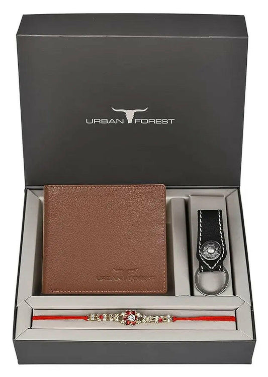 Fashtales Handicrafts Rakhi Gift Hamper for Brother - Classic Redwood Men's Leather Wallet, Black Keyring and Rakhi Combo Gift Set for Brother - 4561
