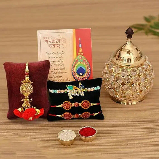 Fashtales Handicrafts Rakhi Gift for Brother Combo Set - Rakhi for Brother - Rakhi for Rakshabandhan Diya Gifts for Bhaiya Bhabhi- Akhand Crystal Diya Oil Lamp,Krishna Rakhi, Rudraksh Rakhi, Lumba Rakhi