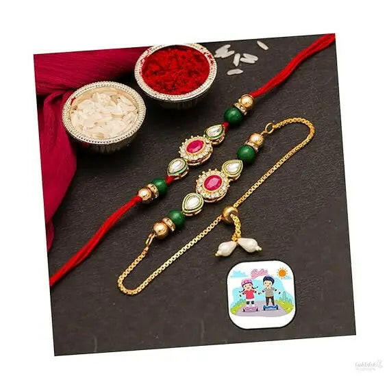 Fashtales Handicrafts Rakhi Magnet Gift for Brother and Bhabhi Lumba Floral Rakhi Kundan Bracelet Rakhi for Bhaiya Bhabhi Raksha bandhan Couple Pearl Rakhi Set of 2 Rakhi with Fridge Magnet Gift