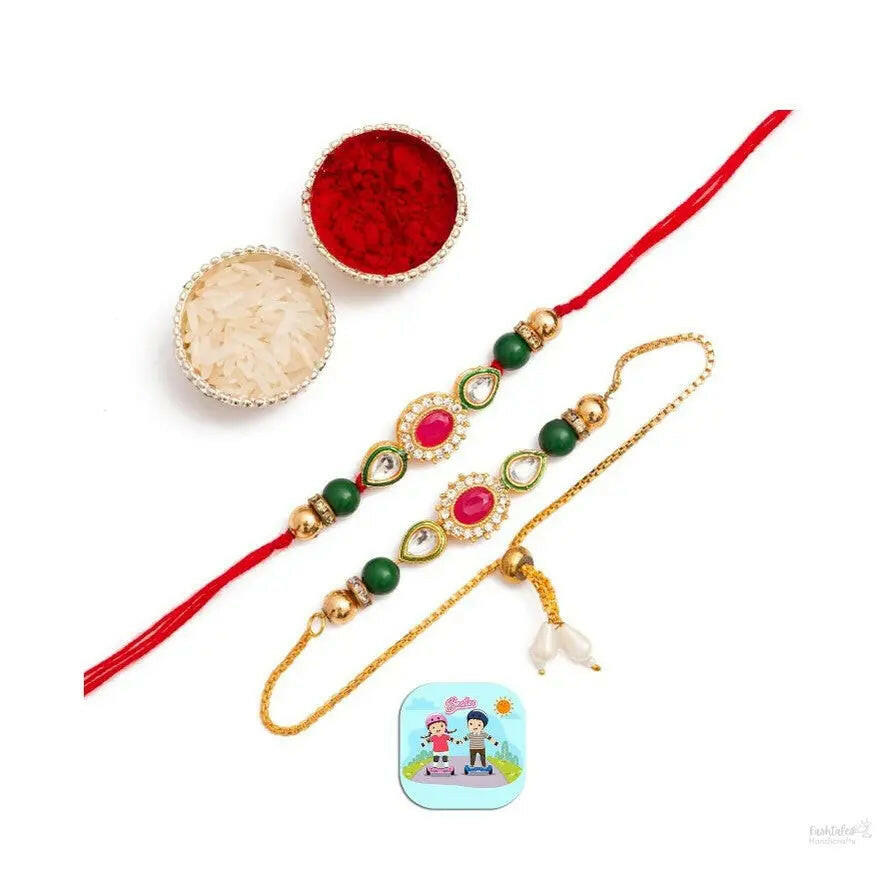 Fashtales Handicrafts Rakhi Magnet Gift for Brother and Bhabhi Lumba Floral Rakhi Kundan Bracelet Rakhi for Bhaiya Bhabhi Raksha bandhan Couple Pearl Rakhi Set of 2 Rakhi with Fridge Magnet Gift