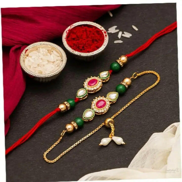 Fashtales Handicrafts Rakhi Magnet Gift for Brother and Bhabhi Lumba Floral Rakhi Kundan Bracelet Rakhi for Bhaiya Bhabhi Raksha bandhan Couple Pearl Rakhi Set of 2 Rakhi with Fridge Magnet Gift