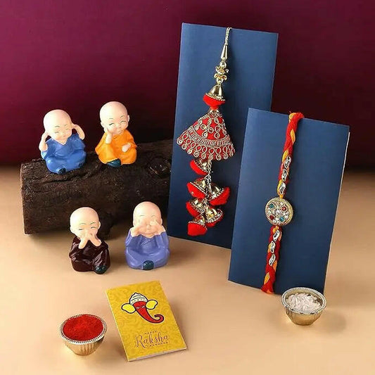 Fashtales Handicrafts Rakhi Set of 2 for Brother and Bhabhi with Gift Combo - Rakhi with Idol Showpiece - Best Wishes Card (M2-Bhaiya Bhabhi)
