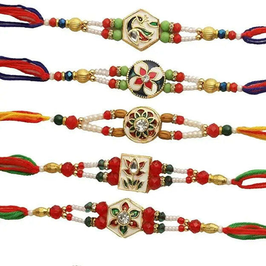 Fashtales Handicrafts Rakhi for Brother Combo - Kundan Rakhi Set of 5 for Brother Bhaiya Bhabhi Kids Boys Men Bhai with Greeting Card and Tikka - Rakhi for Rakshabandhan