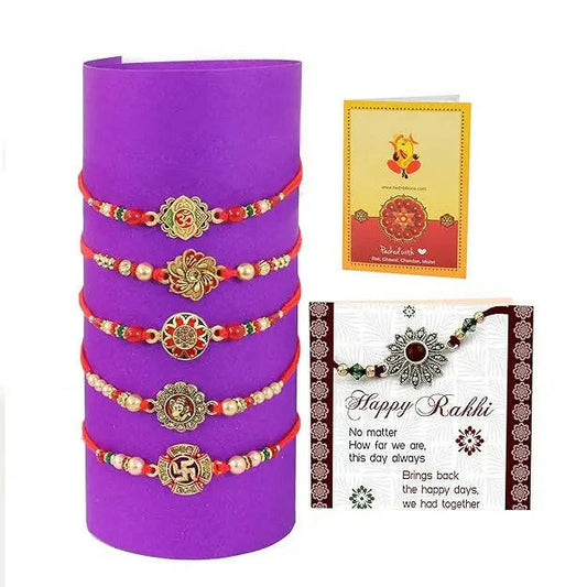 Fashtales Handicrafts Rakhi for Brother - Pack of 5 Premium Bracelet Rakhi for Brother Bhaiya Bhabhi Kids Boys Men Bhai with Greeting Card and Tikka - Rakhi for Rakshabandhan 