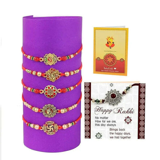 Fashtales Handicrafts Rakhi for Brother - Pack of 5 Premium Bracelet Rakhi for Brother Bhaiya Bhabhi Kids Boys Men Bhai with Greeting Card and Tikka - Rakhi for Rakshabandhan