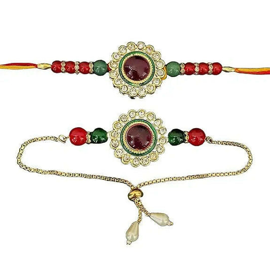 Fashtales Handicrafts Rakhi for Brother and Bhabhi Kundan Gold Plated Stone Couple Rakhi Set for Bhai Bhaiya Bhabi Boys Kids and Sister with Roli Tilak