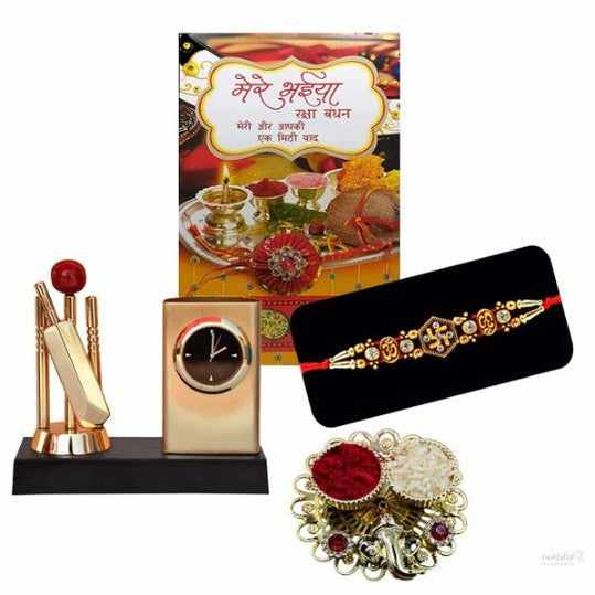 Rakhi for Brother with Gift -Religious Rakhi for Bhaiya with Greeting Card and Metal Cricket Pen Stand With Analog Watch - Roli Chawal