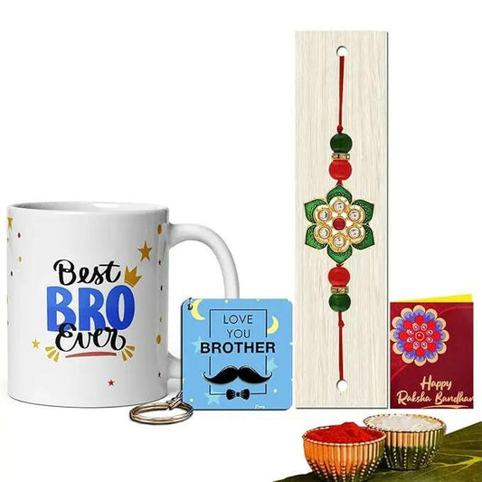 Fashtales Handicrafts Rakhi for Brother with Printed Ceramic Mug and Keychain Combo |Pack of 5 (Greeting Card, Roli Chawal, Rakhi, Printed Mug, Keychain) | Best Rakhi Gift for Brother