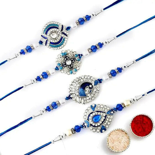 Fashtales Handicrafts Rakhi for Brother, Set of 4 Designer Rakhi with Roli Chawal Pack And Greeting Card | Pack Of (3 Rakhi, Greeting Card And Roli Chawal Pack) GP-828