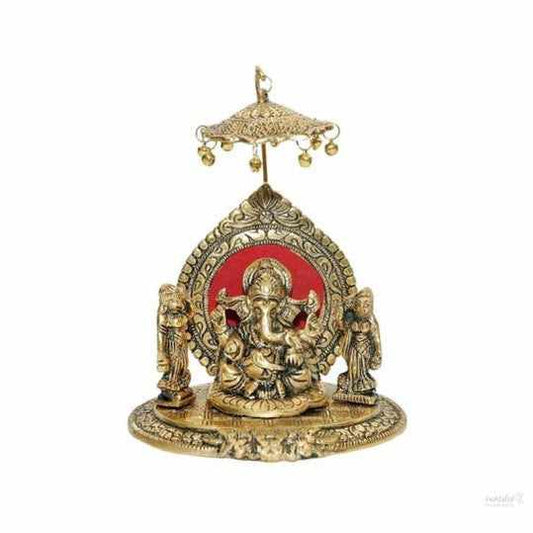 Ridhi sidhi ganesh with chatra statue for home, office, temple, gifting purpose, decorative showpiece- 18cm (metal,gold) handmade