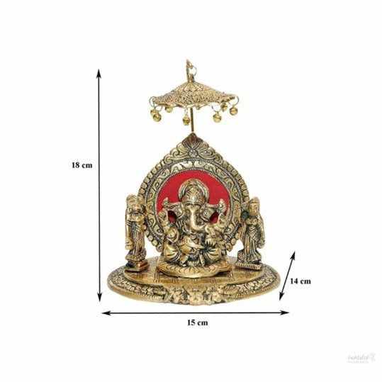 Ridhi sidhi ganesh with chatra statue for home, office, temple, gifting purpose, decorative showpiece- 18cm (metal,gold) handmade