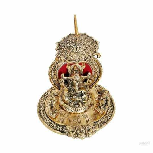 Ridhi sidhi ganesh with chatra statue for home, office, temple, gifting purpose, decorative showpiece- 18cm (metal,gold) handmade