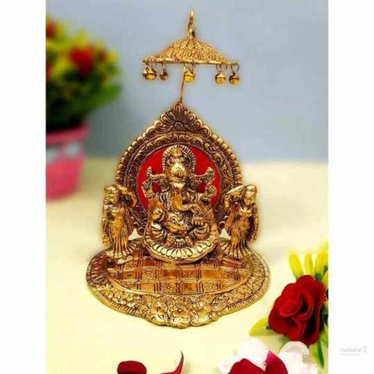Ridhi sidhi ganesh with chatra statue for home, office, temple, gifting purpose, decorative showpiece- 18cm (metal,gold) handmade