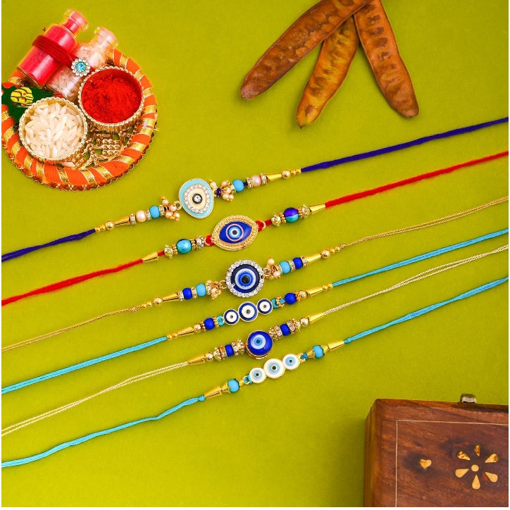 Fashtales Handicrafts Evil Eye Rakhi for Brother And Bhabhi Eco Friendly Rakhi Fo Bhai, Brothers Rakhi, Kids Rakhi Set of 6 With Wooden Cutout