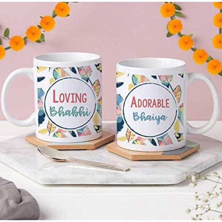 Fashtales Handicrafts Designer Bhaiya Bhabhi Lumba Rakhi Gifts Set Rakshabandhan Special Card Printed Coffee Mug and Cushion (12 inch X 12 inch) with Filler