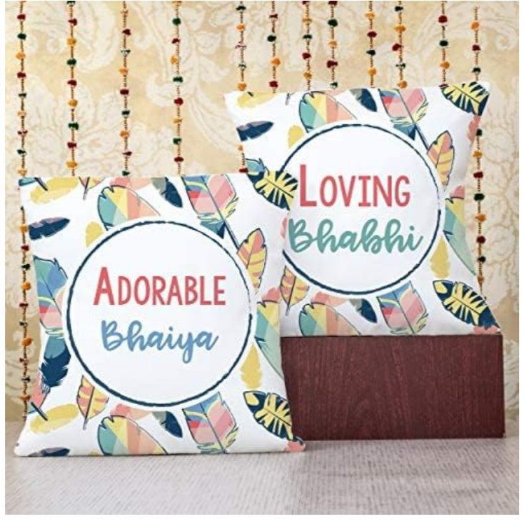 Fashtales Handicrafts Designer Bhaiya Bhabhi Lumba Rakhi Gifts Set Rakshabandhan Special Card Printed Coffee Mug and Cushion (12 inch X 12 inch) with Filler