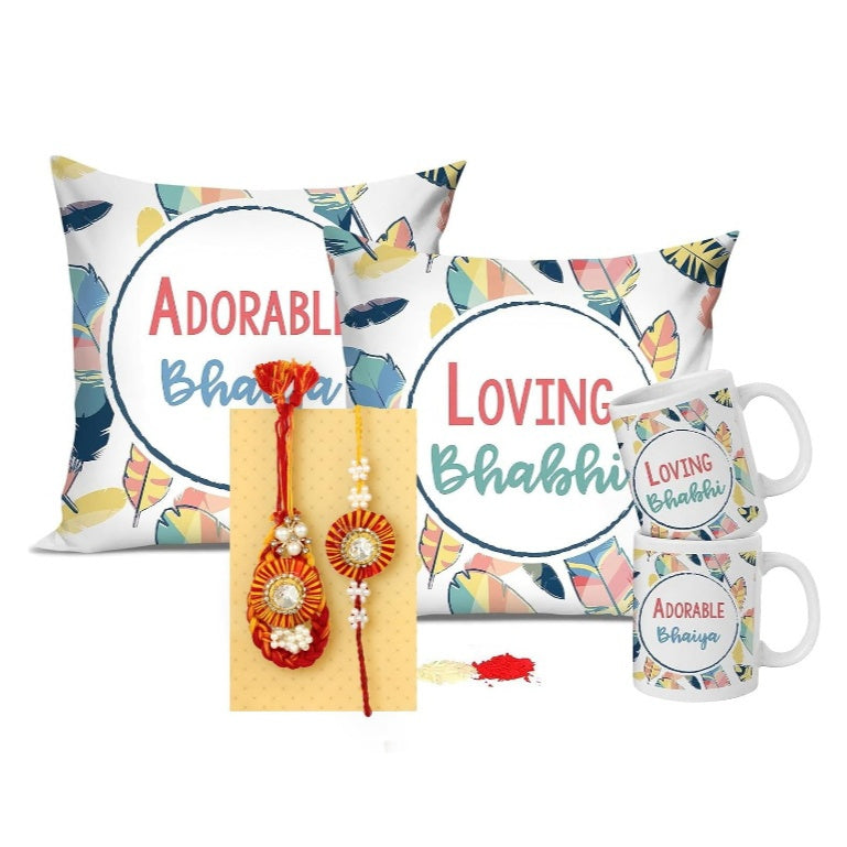 Fashtales Handicrafts Designer Bhaiya Bhabhi Lumba Rakhi Gifts Set Rakshabandhan Special Card Printed Coffee Mug and Cushion (12 inch X 12 inch) with Filler