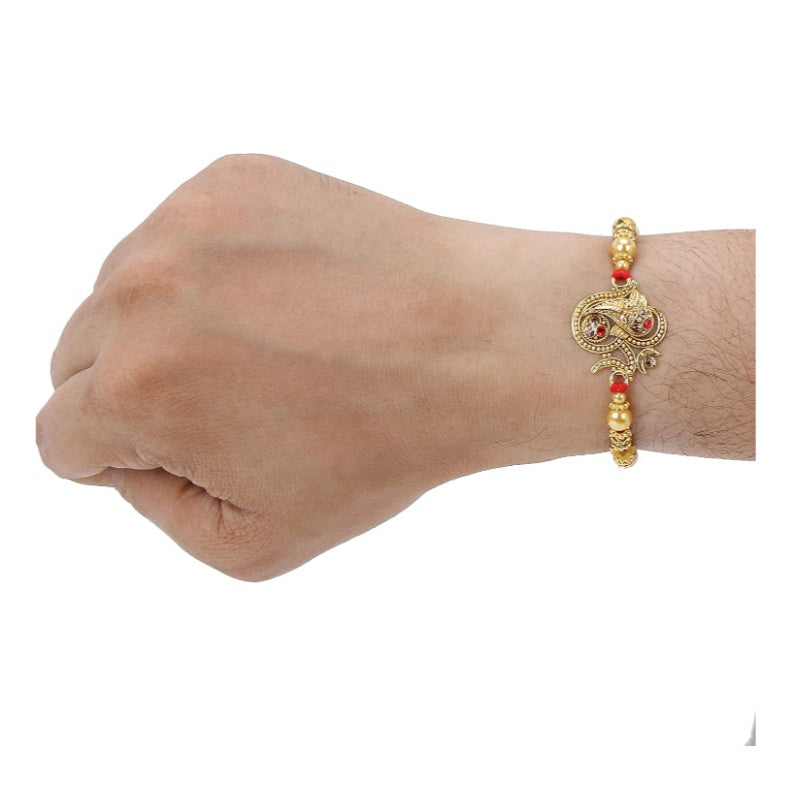 Fashtales Handicrafts Glorious Gold Plated Auspicious and Diamond Ring Rakhi with Roli Chawal and Greeting Card