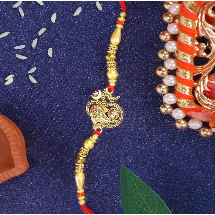 Fashtales Handicrafts Glorious Gold Plated Auspicious and Diamond Ring Rakhi with Roli Chawal and Greeting Card