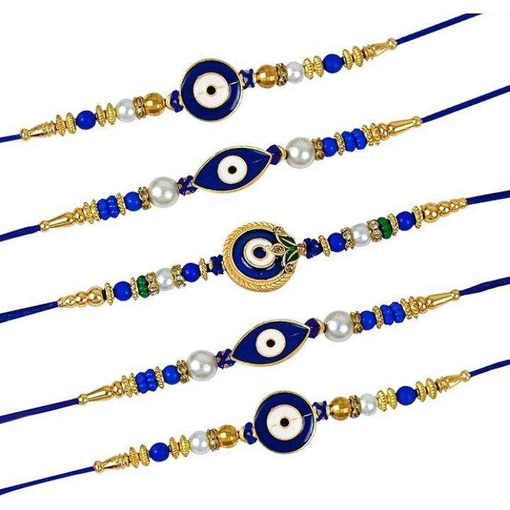 Rakhi for Brother - Evil Eye Rakhi Pack of 5 for Brother Bhaiya Bhabhi Kids Men Boys Bhai with Card and Tikka - Rakhi for Rakshabandhan