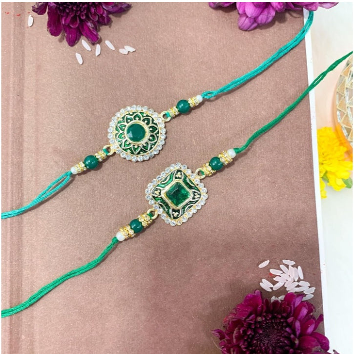 Fashtales Handicrafts Pearl & Kundan Designer Bhaiya Rakhi With Roli Chawal for Brother/Bro/Men with Rakshabandhan Card (R098G-100G)