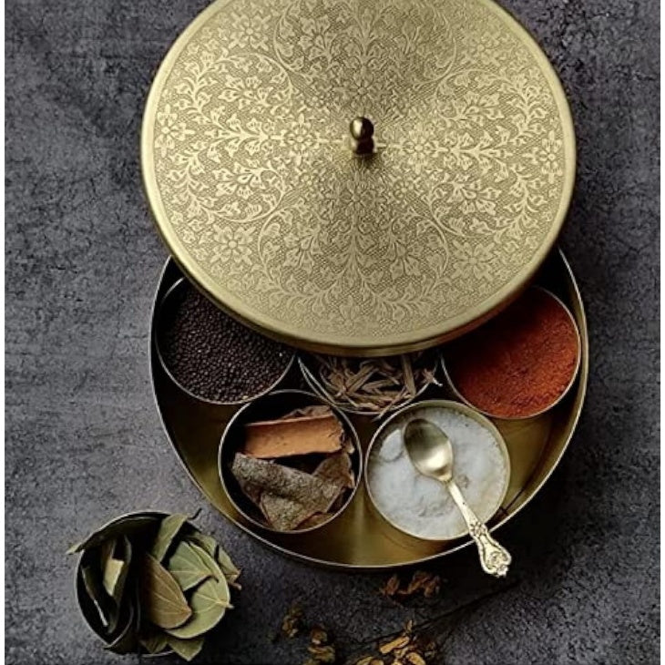 Fashtales Handicrafts Floral-Etched' Handcrafted Brass Spice Box Set For Kitchen With Spoon (7 Containers, 40 Ml) - Masala Container Masala Dabba, Bronze