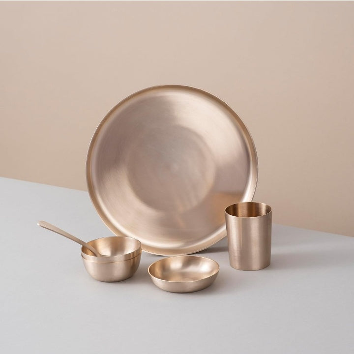 Fashtales Handicrafts 6-Piece Kansa Solid Dinner Set|Matte Finish|1 Plate (10.5" Thali),2 Bowls,1 Glass,1 Sweet Dish Plate,1 Spoon|Authentic Indian Dining Collection - Bronze Dinner Set