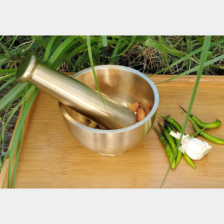 Fashtales Handicrafts Pure Brass Imam Dasta/Mortar and Pestle Set/Ohkli Musal/Kharal- 4 Inches