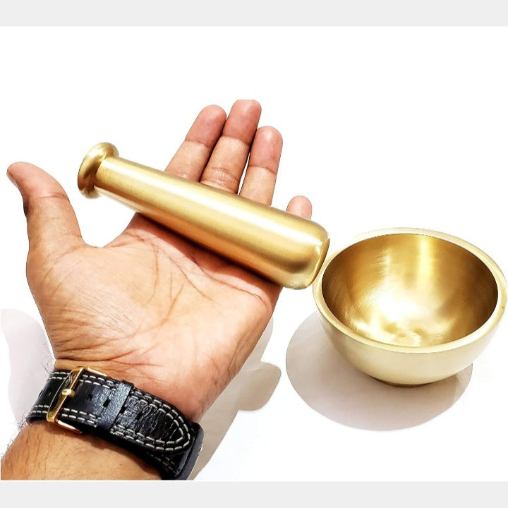 Fashtales Handicrafts Pure Brass Imam Dasta/Mortar and Pestle Set/Ohkli Musal/Kharal- 4 Inches