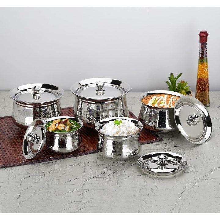 Fashtales Handicrafts Stainless Steel Handcrafted Hammered Texture Handi Set with Lid for Kitchen, Set of 5, 460ml, 650ml, 950ml, 1300ml & 1700ml, Silver