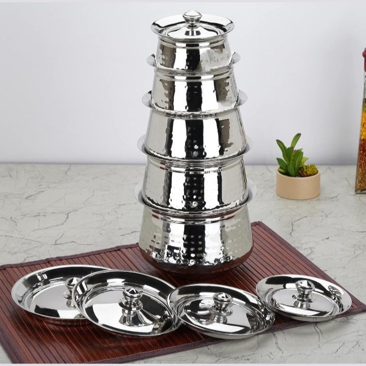 Fashtales Handicrafts Stainless Steel Handcrafted Hammered Texture Handi Set with Lid for Kitchen, Set of 5, 460ml, 650ml, 950ml, 1300ml & 1700ml, Silver