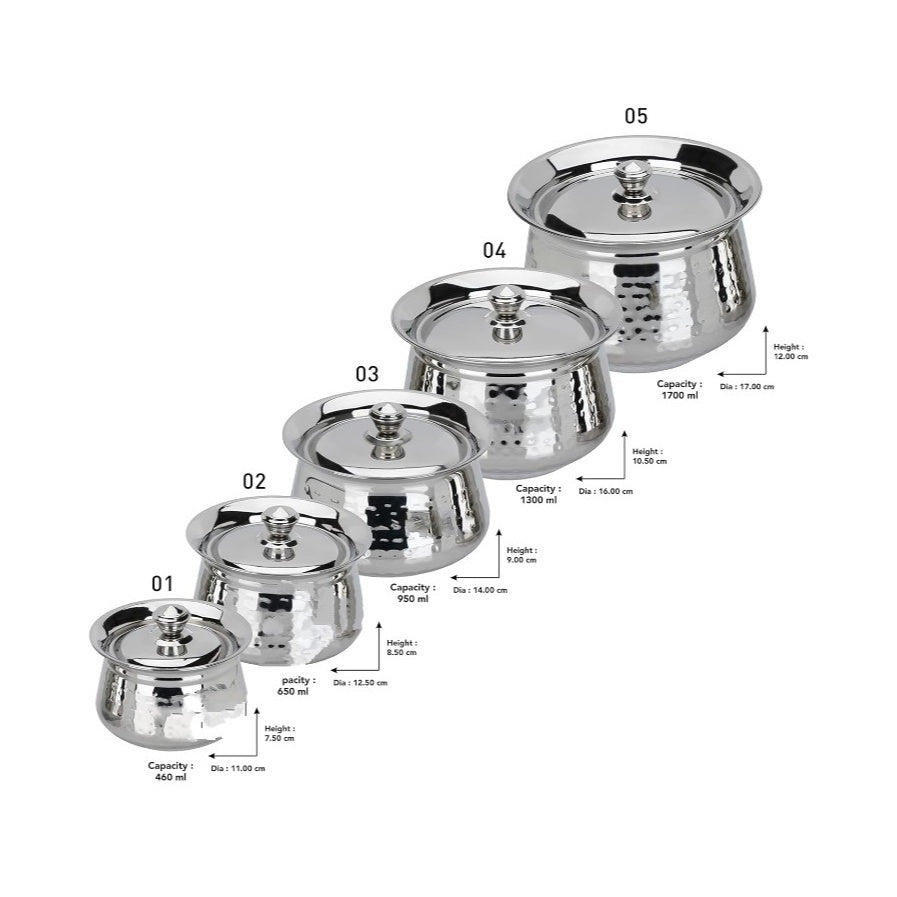 Fashtales Handicrafts Stainless Steel Handcrafted Hammered Texture Handi Set with Lid for Kitchen, Set of 5, 460ml, 650ml, 950ml, 1300ml & 1700ml, Silver