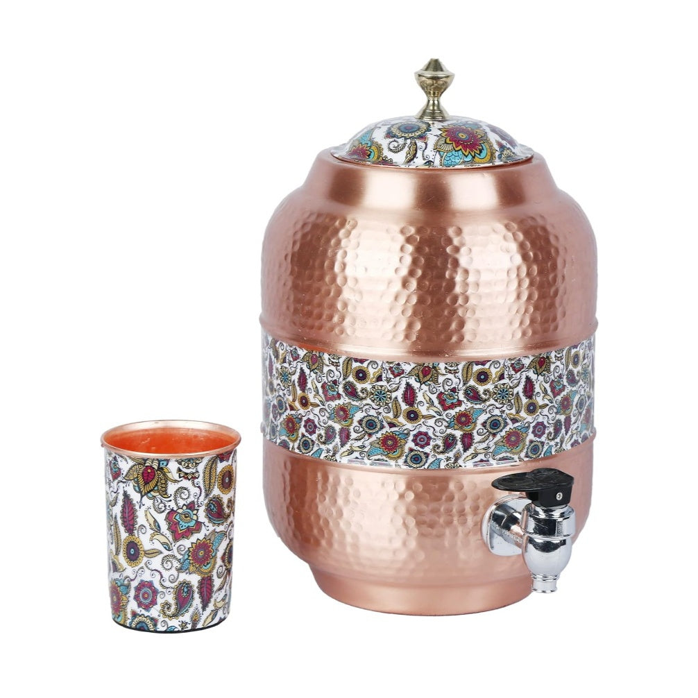 Fashtales Handicrafts Copper Handmade Copper Matka Mette Look Hammer with Paisley White Print Design with Stand and Glass, 5 Liter, Copper Water Dispenser (Matka/Pot) Container Pot with Copper Glass and Stand ,Pure Copper and Ayurveda Health Benefits