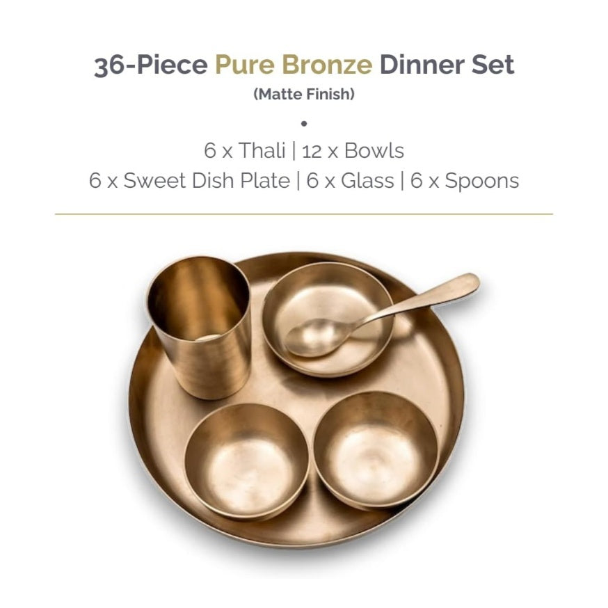 Fashtales Handicrafts 36-Piece Kansa Dinner Set | Matte Finish | 6 Plate (10.5" Thali), 12 Bowls, 6 Glass, 6 Sweet Dish Plate, 6 Spoon | Authentic Indian Dining Collection - Bronze Dinner Set (कांसा)