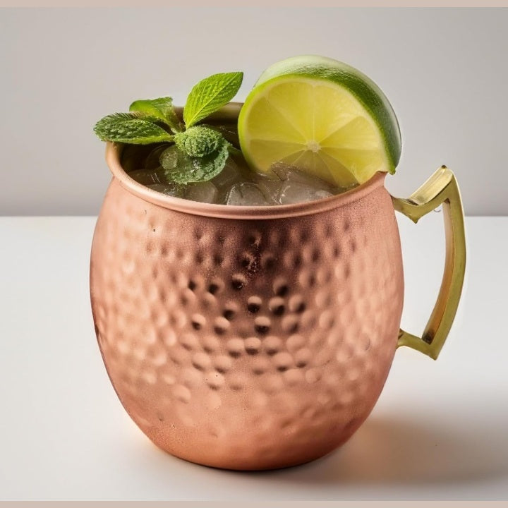 Fashtales Handicrafts Moscow Mule Mugs | Cocktails, Beer, Cold Beverages, Gift | 550ml | Pure Copper, Ergonomic Brass Handle, Nickel Plating for Corossion Resistance (Hammered Finish, Set of 2)