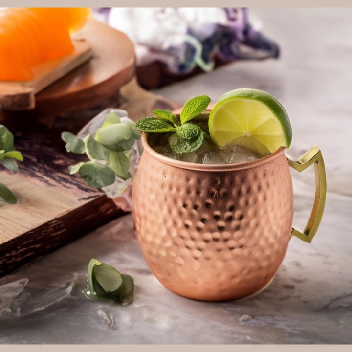 Fashtales Handicrafts Moscow Mule Mugs | Cocktails, Beer, Cold Beverages, Gift | 550ml | Pure Copper, Ergonomic Brass Handle, Nickel Plating for Corossion Resistance (Hammered Finish, Set of 2)