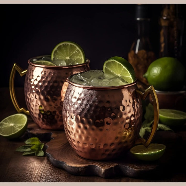 Fashtales Handicrafts Moscow Mule Mugs | Cocktails, Beer, Cold Beverages, Gift | 550ml | Pure Copper, Ergonomic Brass Handle, Nickel Plating for Corossion Resistance (Hammered Finish, Set of 2)