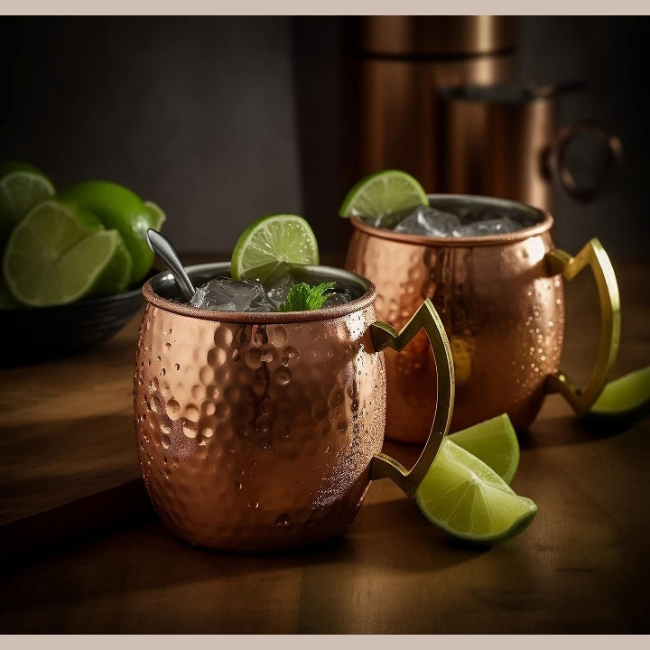 Fashtales Handicrafts Moscow Mule Mugs | Cocktails, Beer, Cold Beverages, Gift | 550ml | Pure Copper, Ergonomic Brass Handle, Nickel Plating for Corossion Resistance (Hammered Finish, Set of 2)