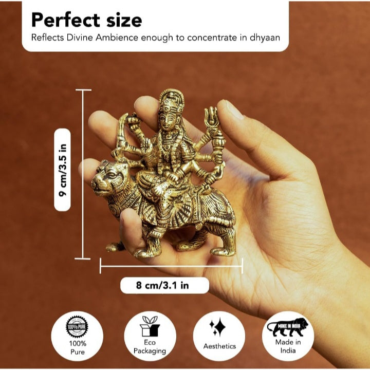 Fashtales Pure Brass Durga Maa Idol (Size: 12.8 cm) | Durga Mata Murti for Home Decor & Puja Room | Mata Rani Murti for Office Desk | Maa Durga Murti for Gift | Sherawali Mata Murti