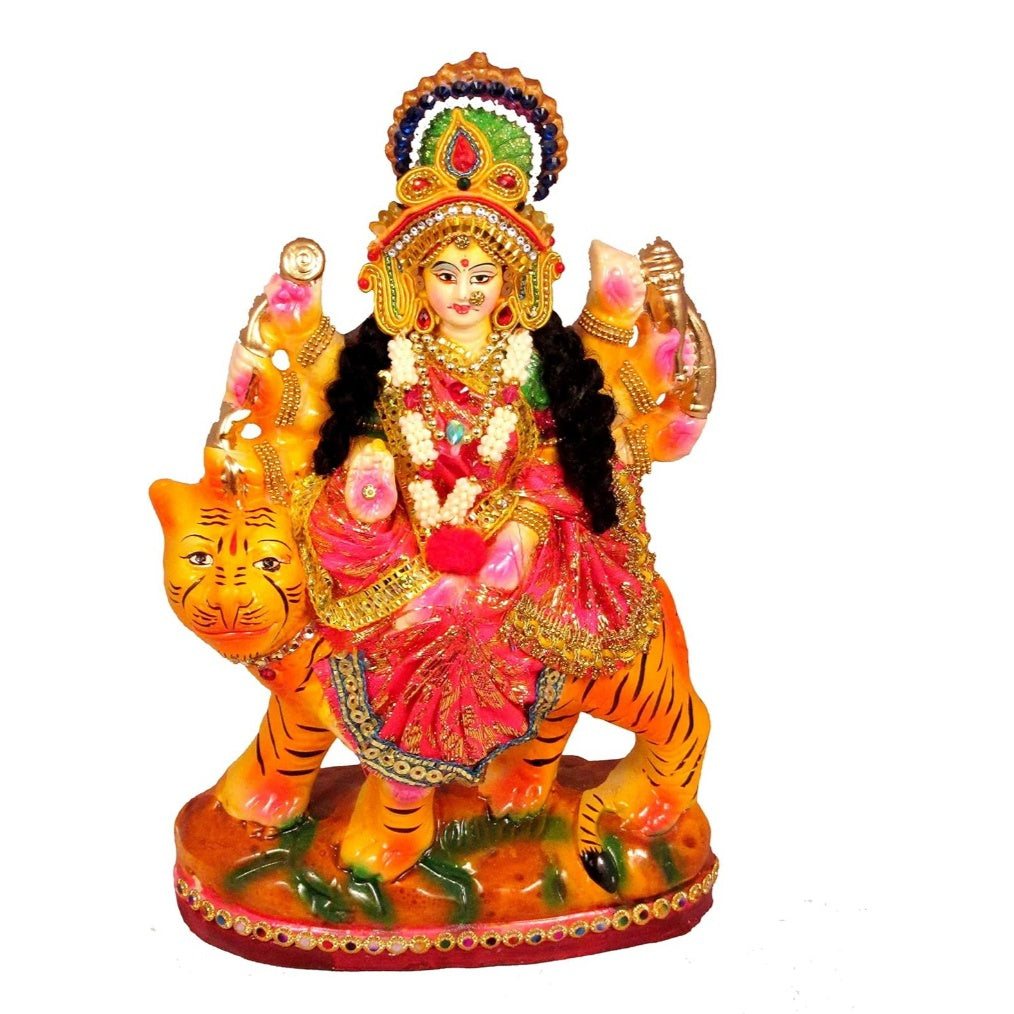 Fashtales Goddess Maa Durga Devi Idol Statue Sherawali MATA Rani Spiritual Puja Vastu Showpiece Figurine - Religious Murti Pooja Gift Item (10.5 X 7 INCH), Earthenware