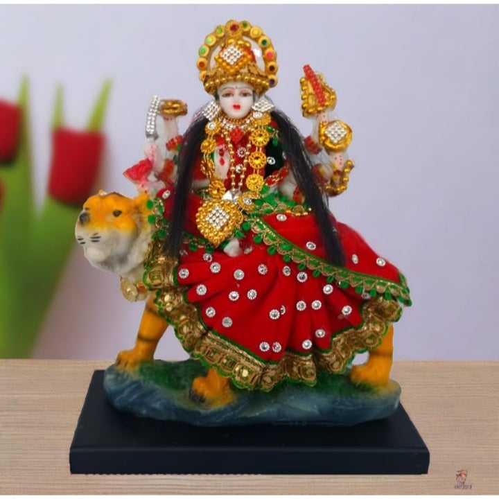 Fashtales Handicrafts Marble & Polyresin Durga Maa Idol Sherawali Mata,1 Piece, Size 18 x 10 x 22 cm, Multicolor