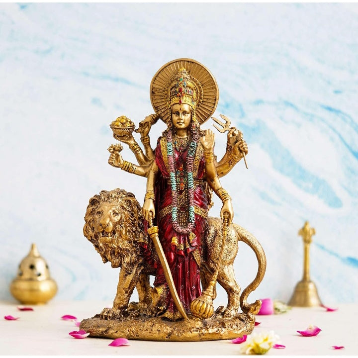 Fashtales Handicrafts Beautiful Maa Durga Sherawali MATA Metal with Crystal Diamond Studded God Idol Showpiece for Pooja