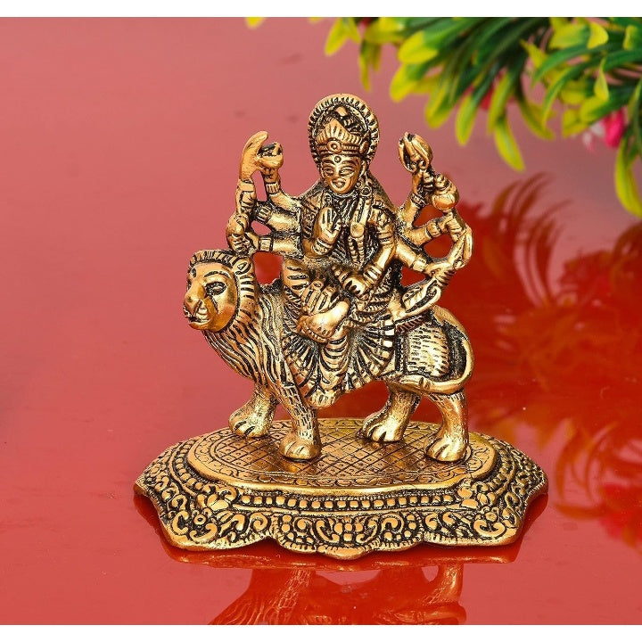 Fashtales Handicrafts Metal Statue Idol of Sherawali MATA Murti Goddess Durga Maa (4.25 x 3.75 x 2) inch, Weight 450 Grams - Golden Color, 1 Piece