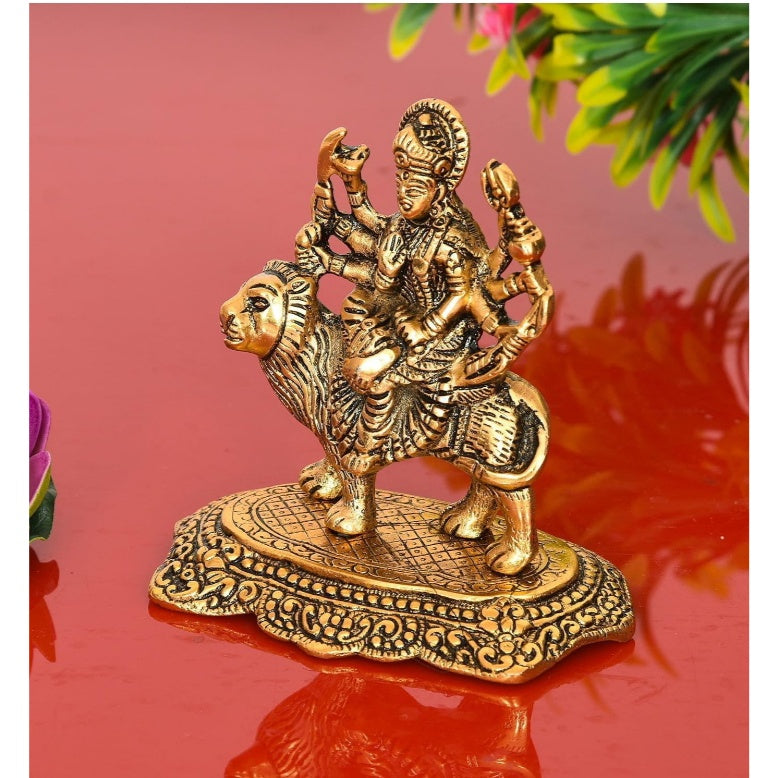 Fashtales Handicrafts Metal Statue Idol of Sherawali MATA Murti Goddess Durga Maa (4.25 x 3.75 x 2) inch, Weight 450 Grams - Golden Color, 1 Piece