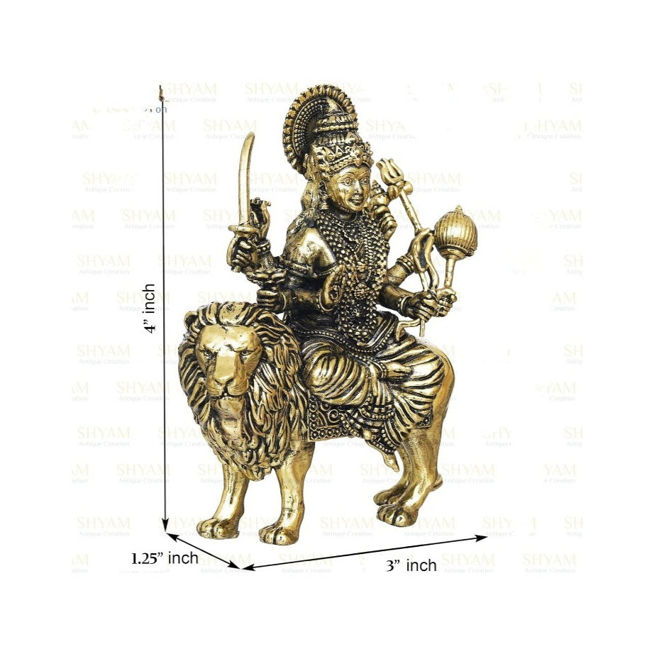 Fashtales Handicrafts 4 Inch Brass Maa Durga On Lion Idol Goddess Sherawali Maa Murti MATA Rani Statue for Navratri, Durga Puja Devi Ambe Pratima Sculpture for Home Temple Puja Gifting Purpose