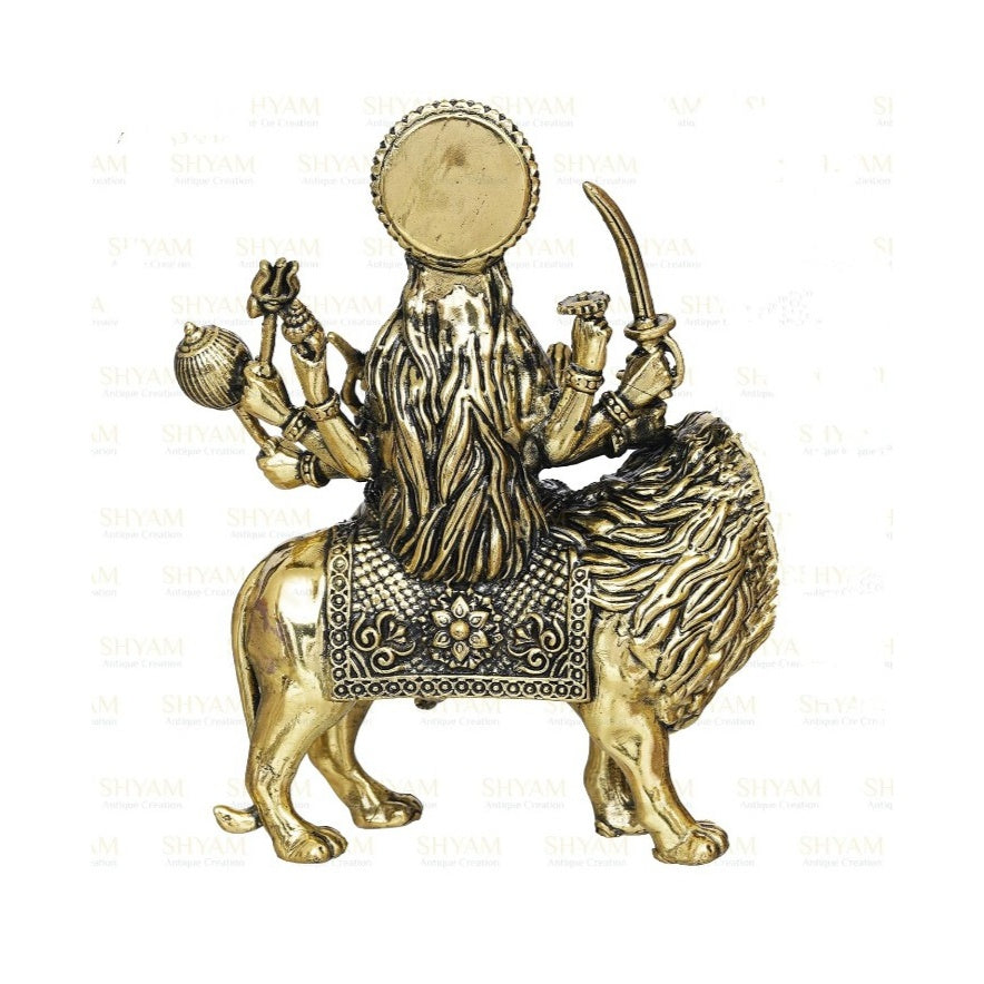 Fashtales Handicrafts 4 Inch Brass Maa Durga On Lion Idol Goddess Sherawali Maa Murti MATA Rani Statue for Navratri, Durga Puja Devi Ambe Pratima Sculpture for Home Temple Puja Gifting Purpose