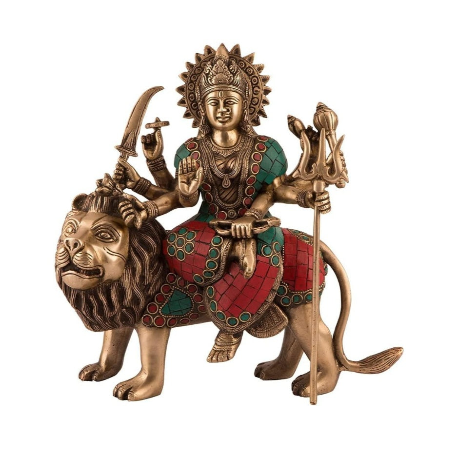 Fashtales Handicrafts Brass Maa Durga Idol Sitting On Lion Ma Sherwali Murti Devi Office Shop Gift Navratra Puja Multicolor Stone Work Color Height 11 Inches