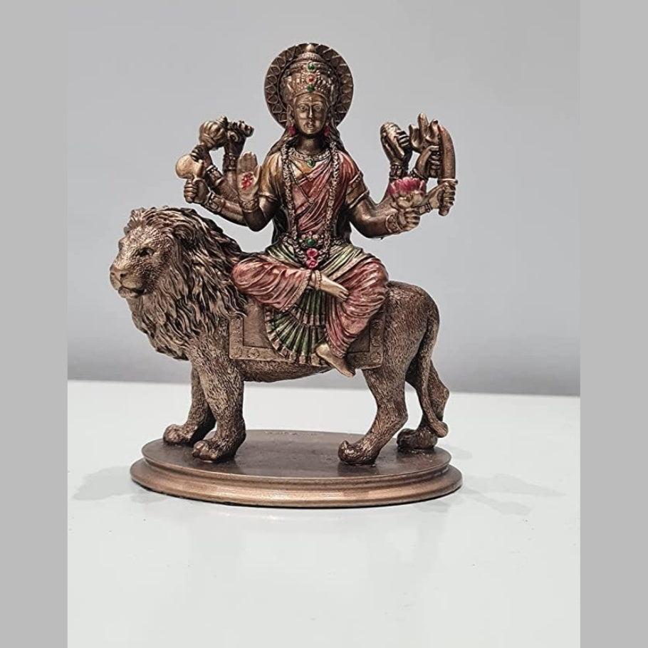 Fashtales Handicrafts Durga Statue On Lion 3.5 Inch Bonded Bronze Sherawali MATA Moorti for Small Temple N Car Dashboard Navratri Puja Idol Ambe Maa Vaishno Devi Figurine Pack of 1